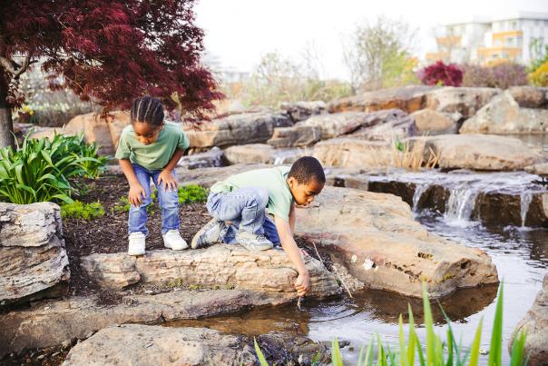 Two children explore a rocky garden landscape, one crouching by a small stream while the other stands nearby. Lush greenery and gentle water flow enhance the serene setting.