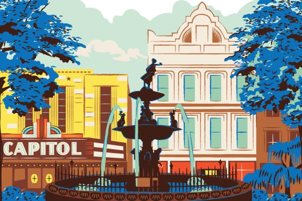 Hand-drawn illustration of downtown bgky