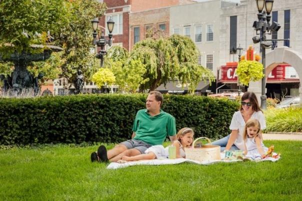 Family on a picnic at Fountain Square Park