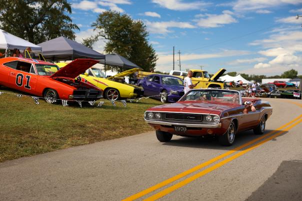 A car driving through Beech Bend Raceway in Bowling Green, Ky, during the Holley MoParty event.