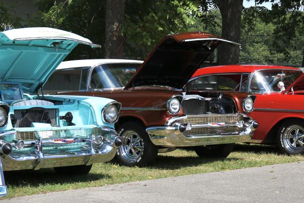 A row of classic cars at the Tri-Five Nationals hosted by Beech Bend Raceway in Bowling Green, Ky.