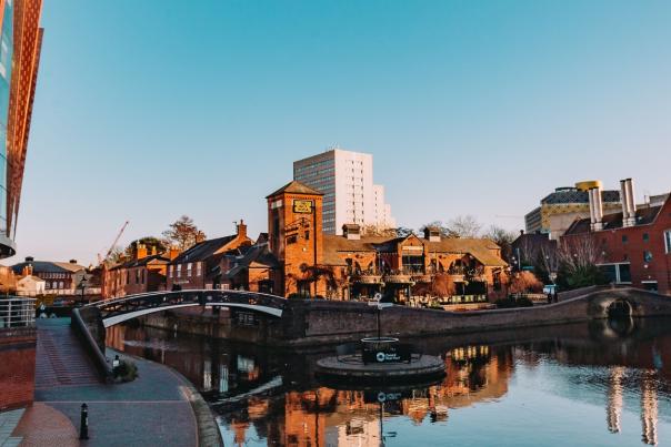 Birmingham's canals diverge at a crossing, heading both to the right (toward the ICC) and the left (toward the Jewelry Quarter)