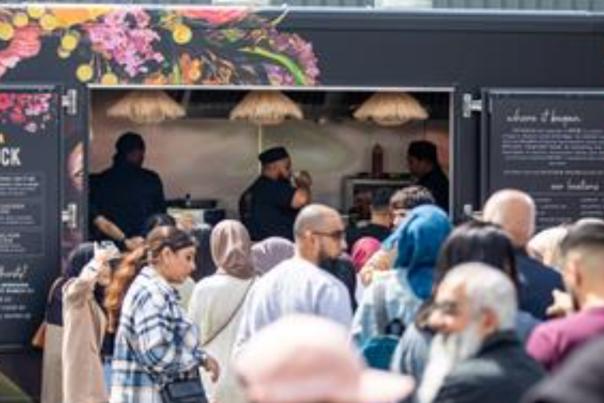 Halal food festival food truck with crowd