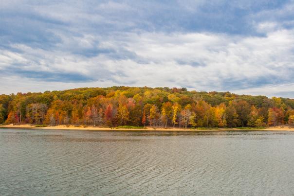 View of the water rippling at Lake Monroe surrounded by fall foliage In Bloomington, IN
