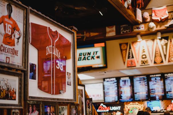 IU sports memorabilia on the walls at BuffaLouie's In Bloomington, IN