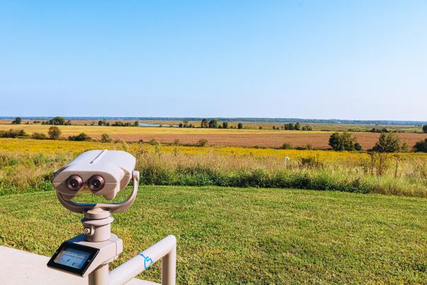 A viewpoint with binoculars at Goose Pond