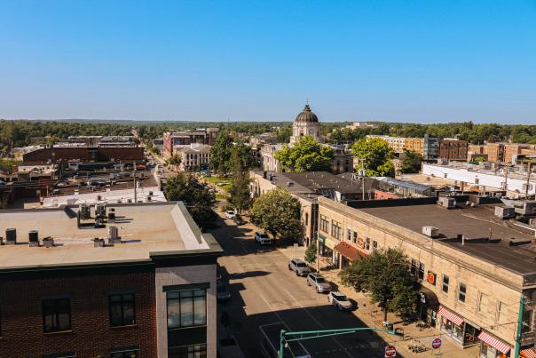 High-up view of downtown on a sunny day