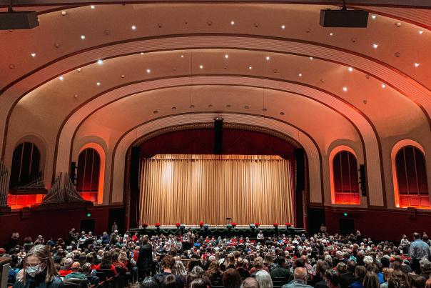 An audience at IU Auditorium ahead of the Chimes of Christmas concert