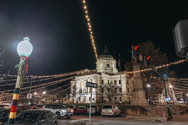 The Square lit up with twinkle lights and holiday decor