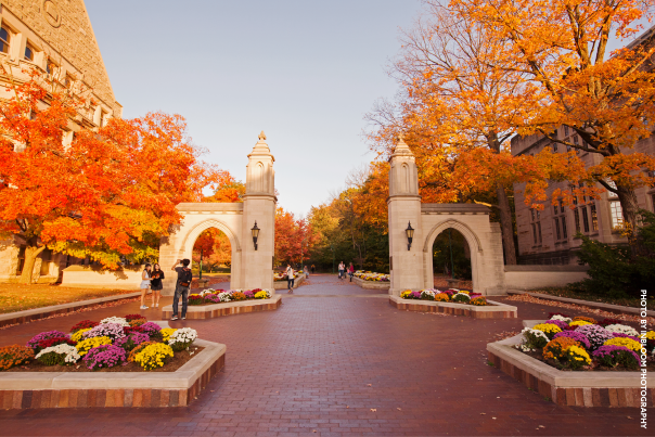 The Sample Gates at Indiana University surrounded by fall foliage