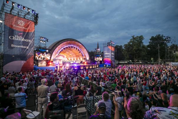 July 4th celebration at  the Hatch Shell with crowds and performers onstage