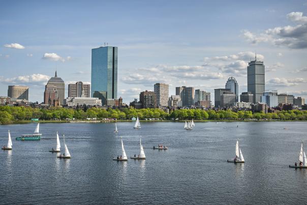 Charles River view of Boston with sailboats