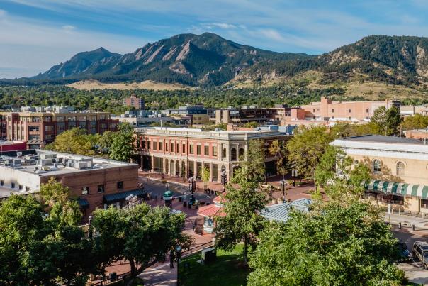 Downtown Boulder with the Flatirons in Distance