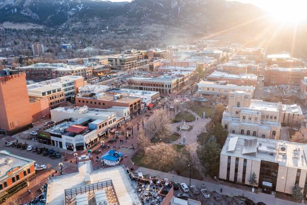 Aerial shot of downtown Boulder's Pearl Street, Visitor center, shops, restaurants and more