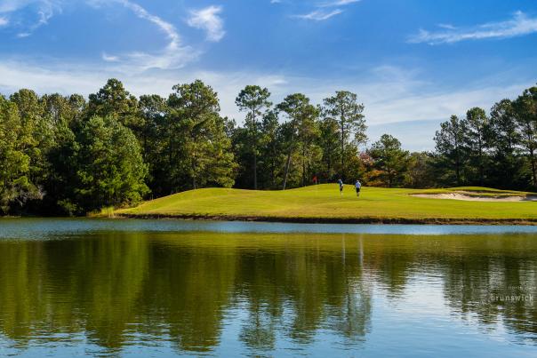 two golfers putting on a green surrounded by water at Carolina National Golf Club