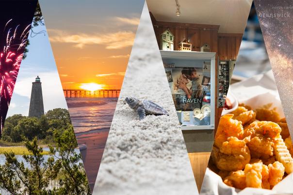 A collection of photos including fireworks, Old Baldy lighthouse, a sunrise, a sea turtle, a museum exhibit, fried shrimp, and the Milky Way