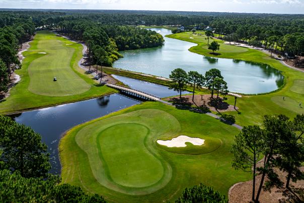 an aerial view of two golf course holes on Sea Trail Golf Resort's Byrd course