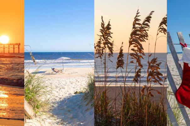 a combination of 4 images showing a sunrise over the ocean, a person lounging in a beach chair, sea oats, and stockings hanging from a sand fence