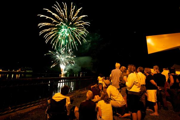 Visitors and locals enjoy the fireworks over the Delaware River. New Hope and neighboring Lambertville, NJ, team up to produce fireworks shows every Friday night during the summer.