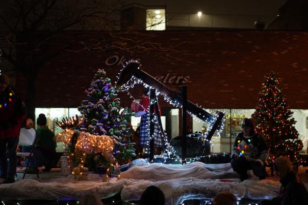 Casper Christmas Parade Float, oil derrik lit with holiday lights