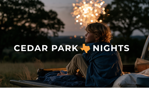 A profile view of a young boy with wavy hair sitting in the open bed of a truck during twilight. He is sitting on a blue blanket and looking toward a golden firework bursting in the upper center of the frame. The background shows dark trees and a grassy field under a dimming sky wit fireworks in the distance. Overlaying the center is the text "CEDAR PARK NIGHTS" in bold white letters, featuring an orange silhouette of the state of Texas. The Visit Cedar Park Texas logo appears on a white border at the bottom right.