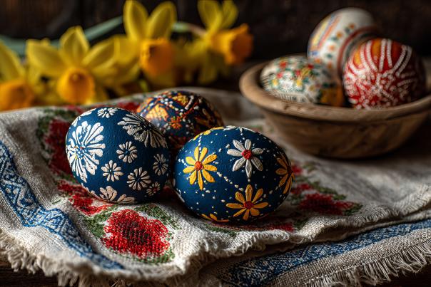 Easter egg display with vibrant flowers and traditional Ukrainian pysanky