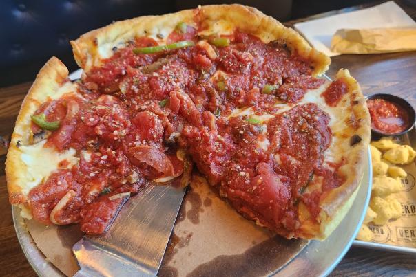 top down view of a deep-dish pizza