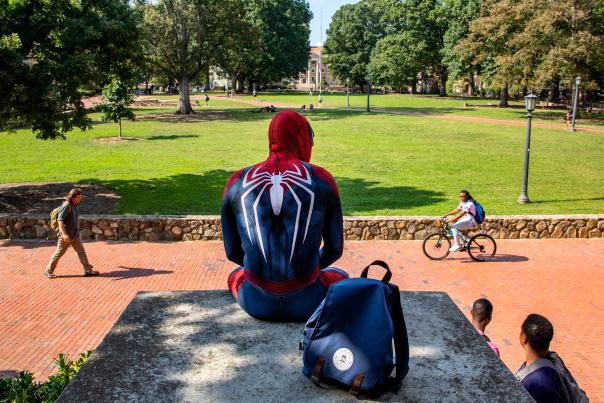 Spiderman facing the quad from Wilson Library, UNC-CH