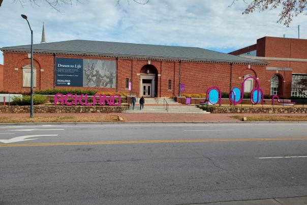 Ackland Art Museum Exerior with Drawn to Life Banner