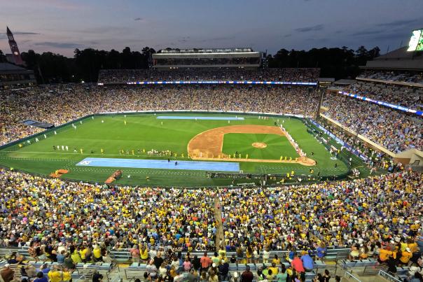 Thousands of fans in the stands of Kenan Stadium with the field converted to a Baseball Stadium for the Savannah Bananas and the Texas Tailgaters on April 11-12, 2026.