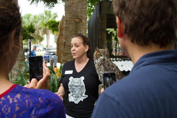 Callie Stahl of Peace River Wildlife Center holds an owl and speaks to a group of people