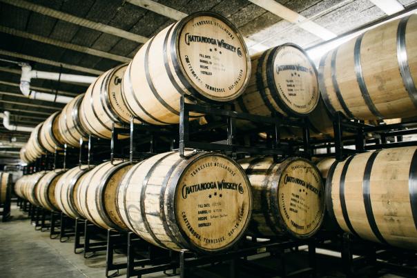 stacks of CHattanooga whiskey barrels
