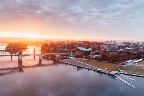 Aerial of River, Ross's Landing and Tennessee Aquarium at sunrise