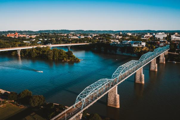 aerial of tennessee river with walnut street bridge and maclellan island