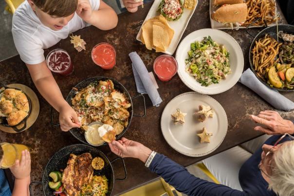overhead shot of family eating meal
