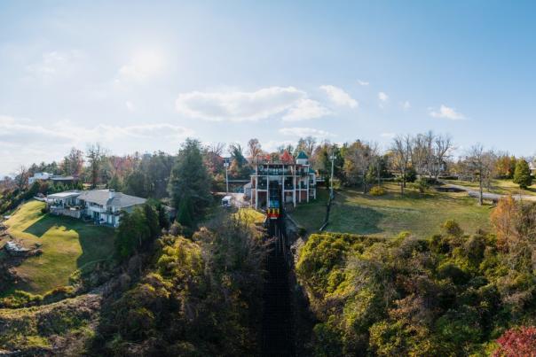 wide aerial image of Lookout Mountain Point with incline, point park, and river