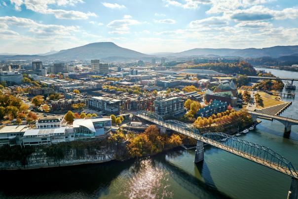 aerial image of downtown riverfront and lookout mountain in Fall