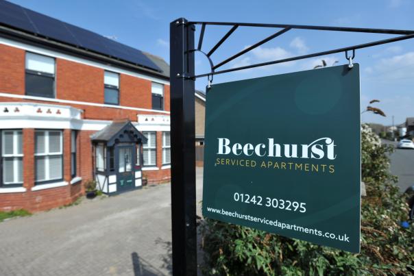 Image of a self-catering apartment with a sign saying Beechurst serviced apartments