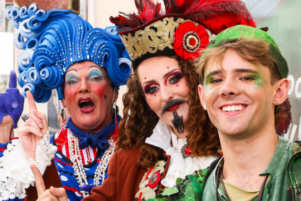 Cast of Peter Pan: The Pantomime Adventure outside Cheltenham Playhouse