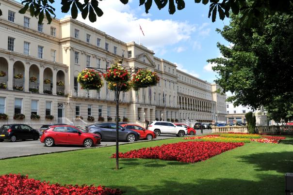 Municipal Offices Cheltenham with flowers displayed.