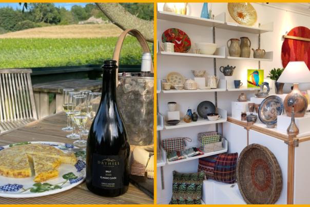 Collage of Art Union magnet, Dryhill Wine, Gloucestershire Guild of Craftsmen interior, Dunkertons Cider bar.