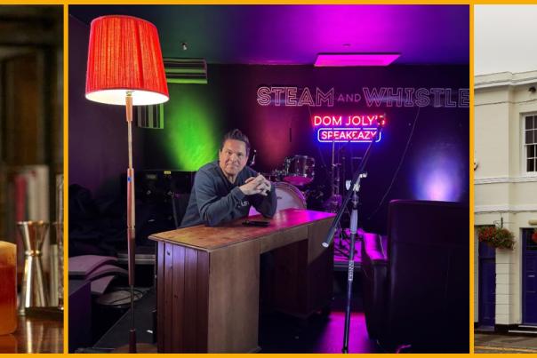 Collage of The Tavern cocktails, Dom Joly, The Tivoli Cheltenham exterior.