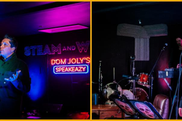 Collage of Dom Joly and guests performing live at his SpeakeaZy event at The Steam & Whistle in Cheltenham.