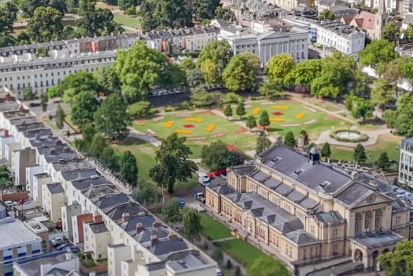 Aerial view of Cheltenham Town Hall, Imperial Square, Imperial Gardens and surrounding areas.