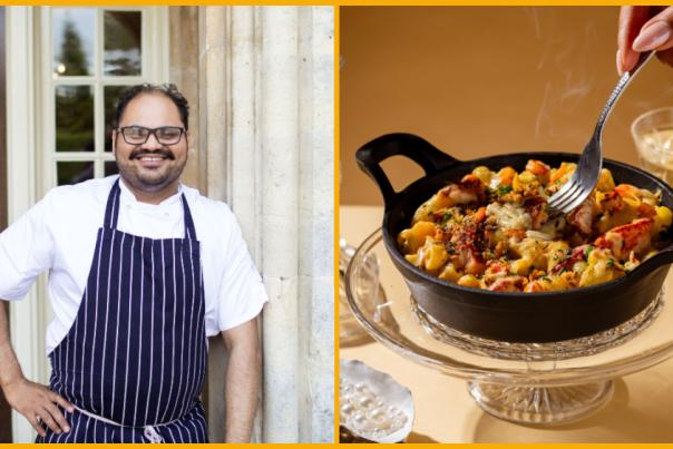 Collage of food served at Kibou, Chef Abhijeet Dasalkar, food served at The Alchemist, food demonstration at Cheltenham Food & Drink Festival.