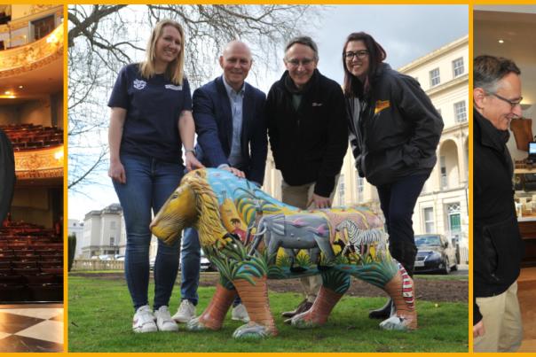 Collage (left to right) Everyman Theatre: Councillor Martin Horwood, Katy Embling from the Everyman Theatre, Max Wilkinson MP, Helen Mole from Marketing Cheltenham. Lions at Large: Councillor Max Wilkinson, Carrie Smith Lions at Large project manager. Cheeseworks on Regent Street: Councillor Martin Horwood, Max Wilkinson MP, Caroll Haggie from Cheeseworks.