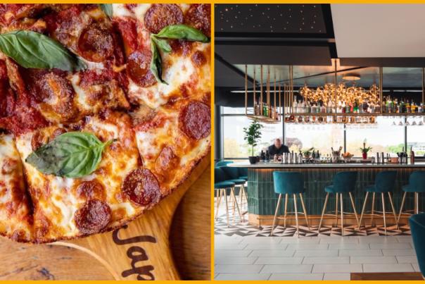 Collage of Rosa's Thai Cheltenham exterior, Japes pizza, Nook on Five bar, Chef at Tailors Cheltenham.