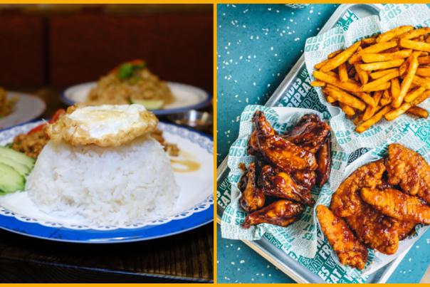 Collage of Japes pizza, Rosa's Thai food, Wingstop food, chef at Tailors Cheltenham.