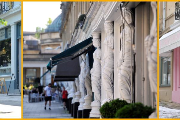 Collage featuring people shopping and walking around Montpellier in Cheltenham.