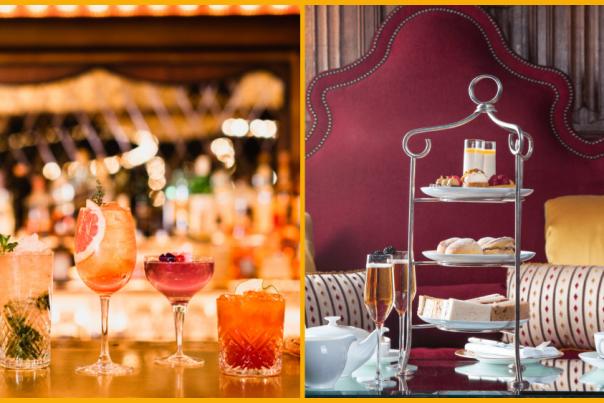 Collage featuring people dining at Mowgli Cheltenham, cocktails at Flight Club, afternoon tea at Ellenborough Park Hotel, and Christmas parties at Pittville Pump Room in Cheltenham.